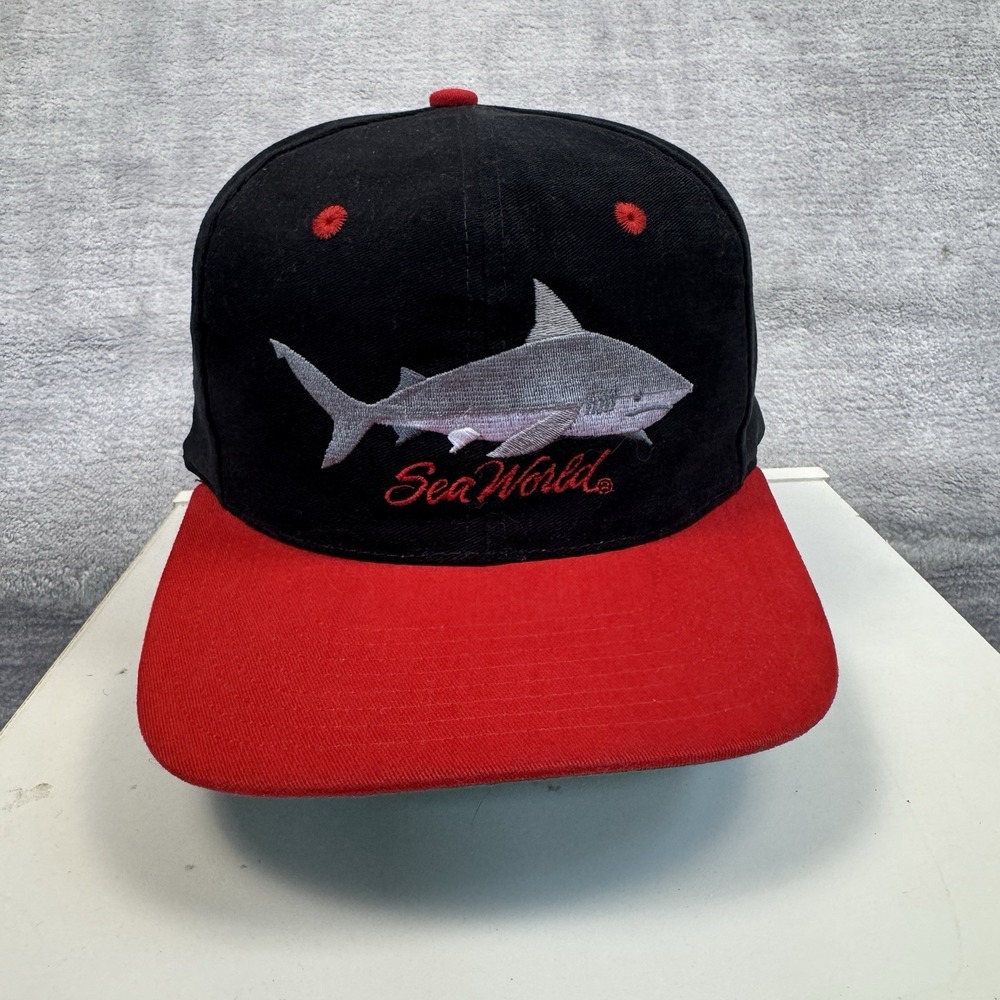 Sea World Hat Cap Mens Snap Back Black 2 Toned Vtg Shark Logo Embroidered USA